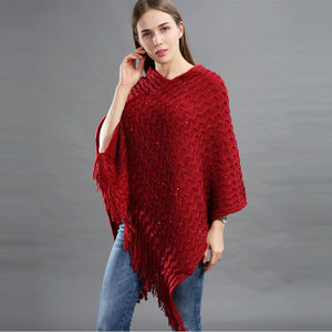 ❤️5/$15💚Assimetrical Knit Openwork Shevron Red Poncho with Fringe ONE PLUS Size